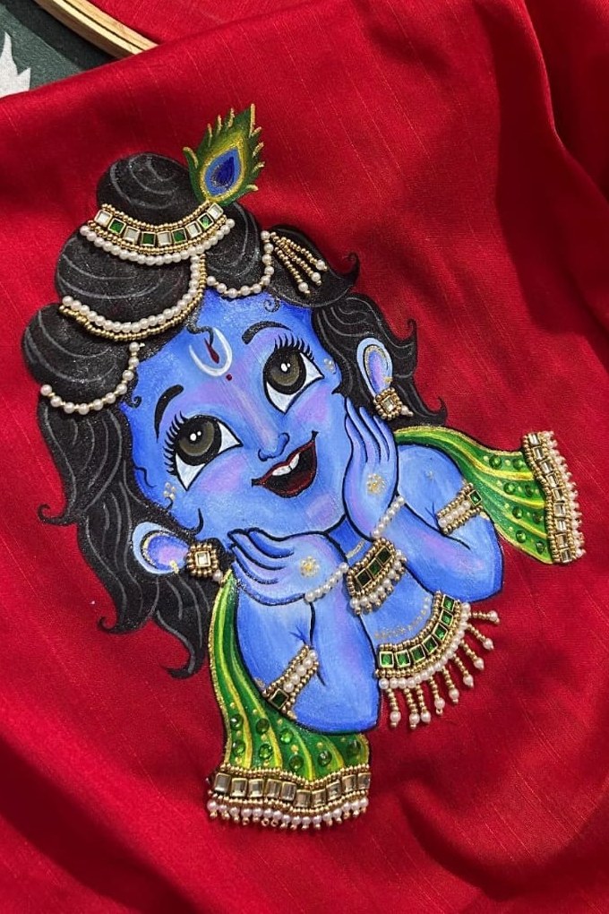 Hand-painted Bala Krishna saree art